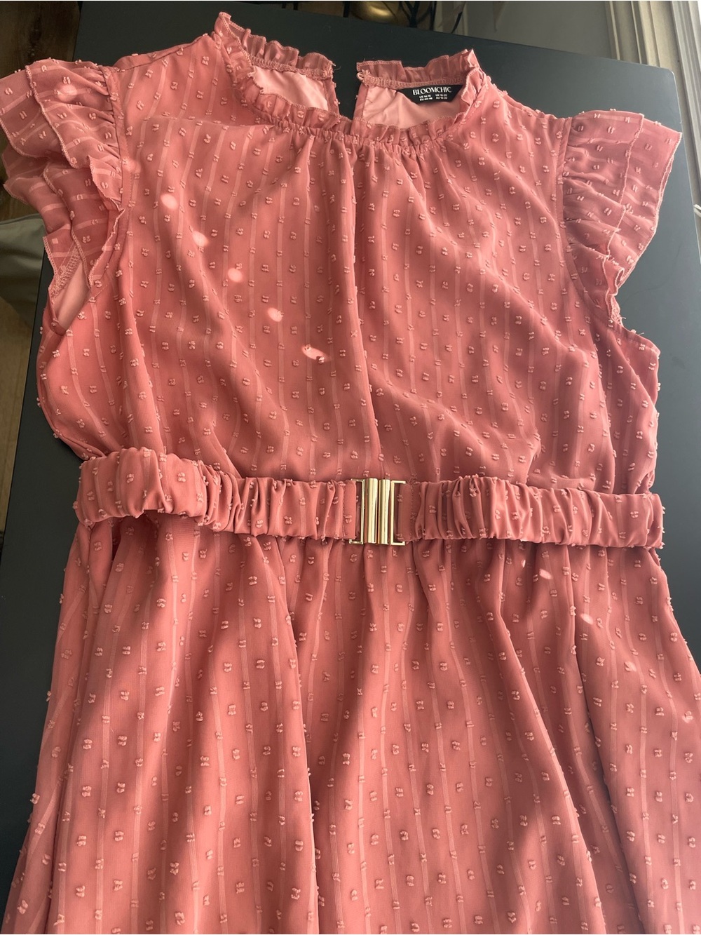 BloomChic Dusty Pink Ruffle-Belted Maxi Dress